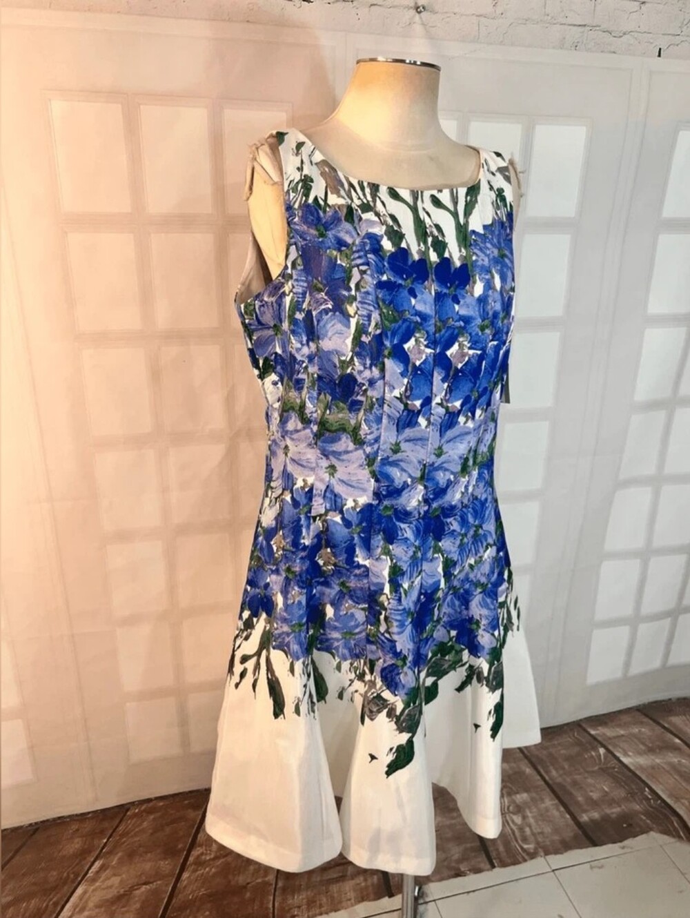 Floral A-Line Dress in Blue and White